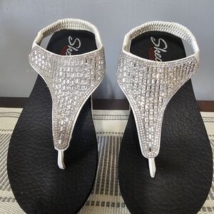 Skechers White Silver Jeweled T-Strap Sandals